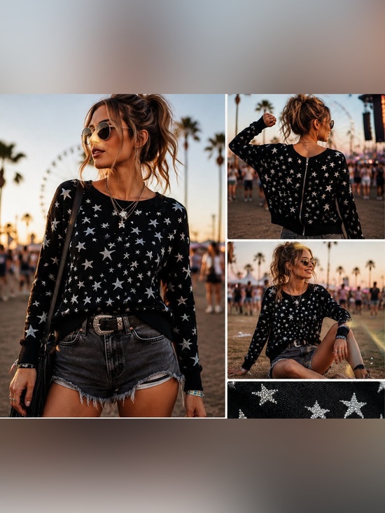 Lucy Paris Sweaters - Lucy Paris Black Silver Metallic Star Print Sweater Zip Back Size Medium